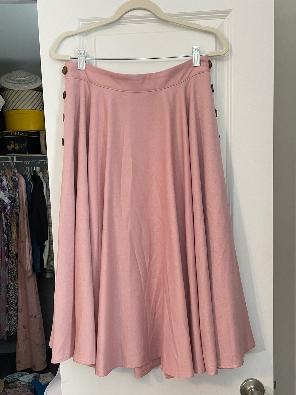 Women's Dusty Pink Circle Skirt with Side Button Detail